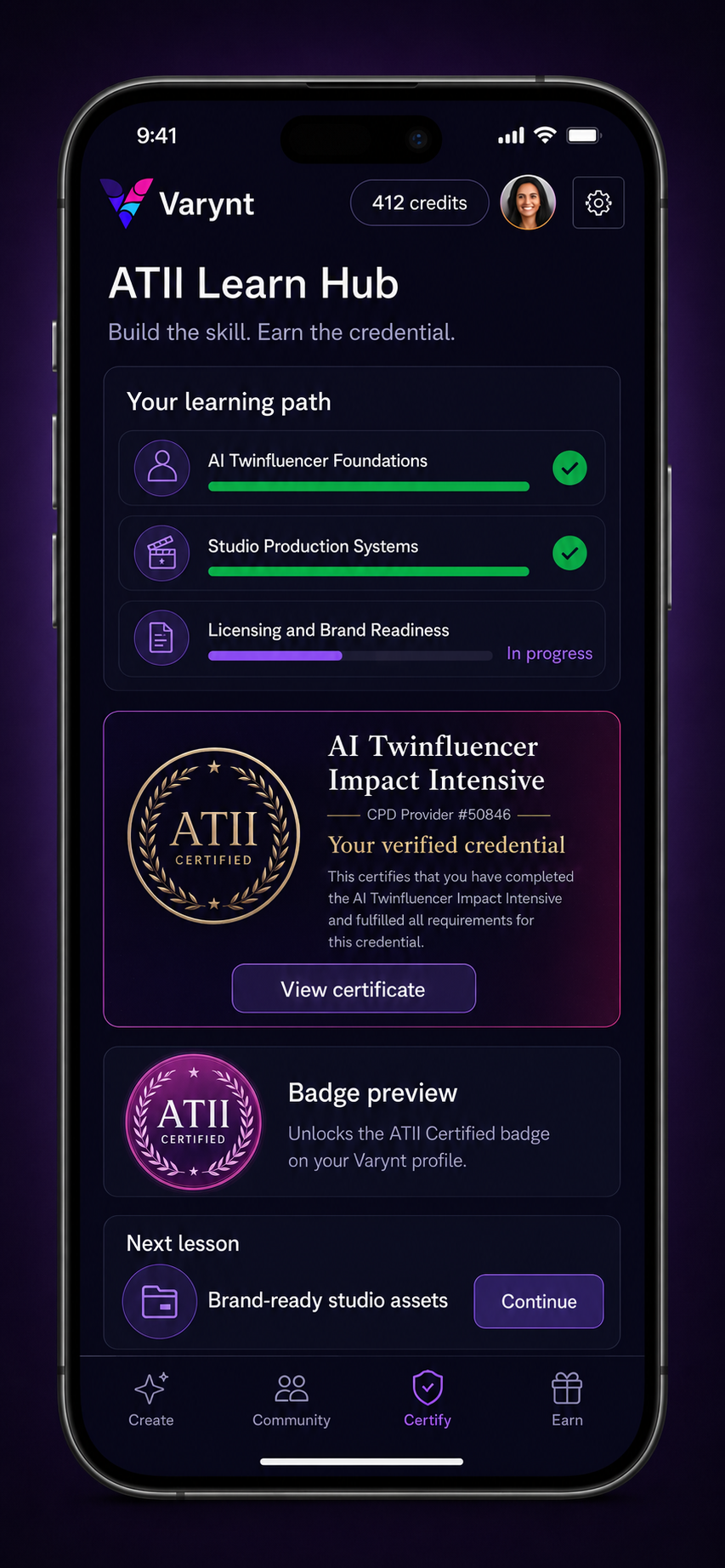 Varynt Certify screen — ATII Learn Hub