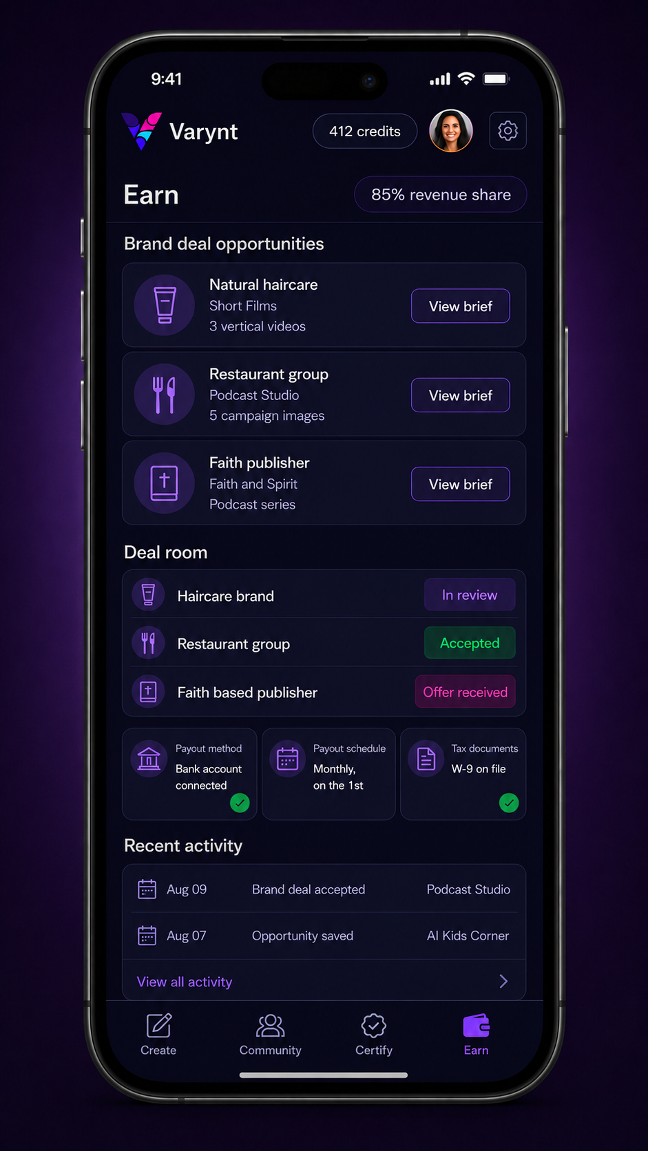 Varynt Earn screen — brand deal opportunities
